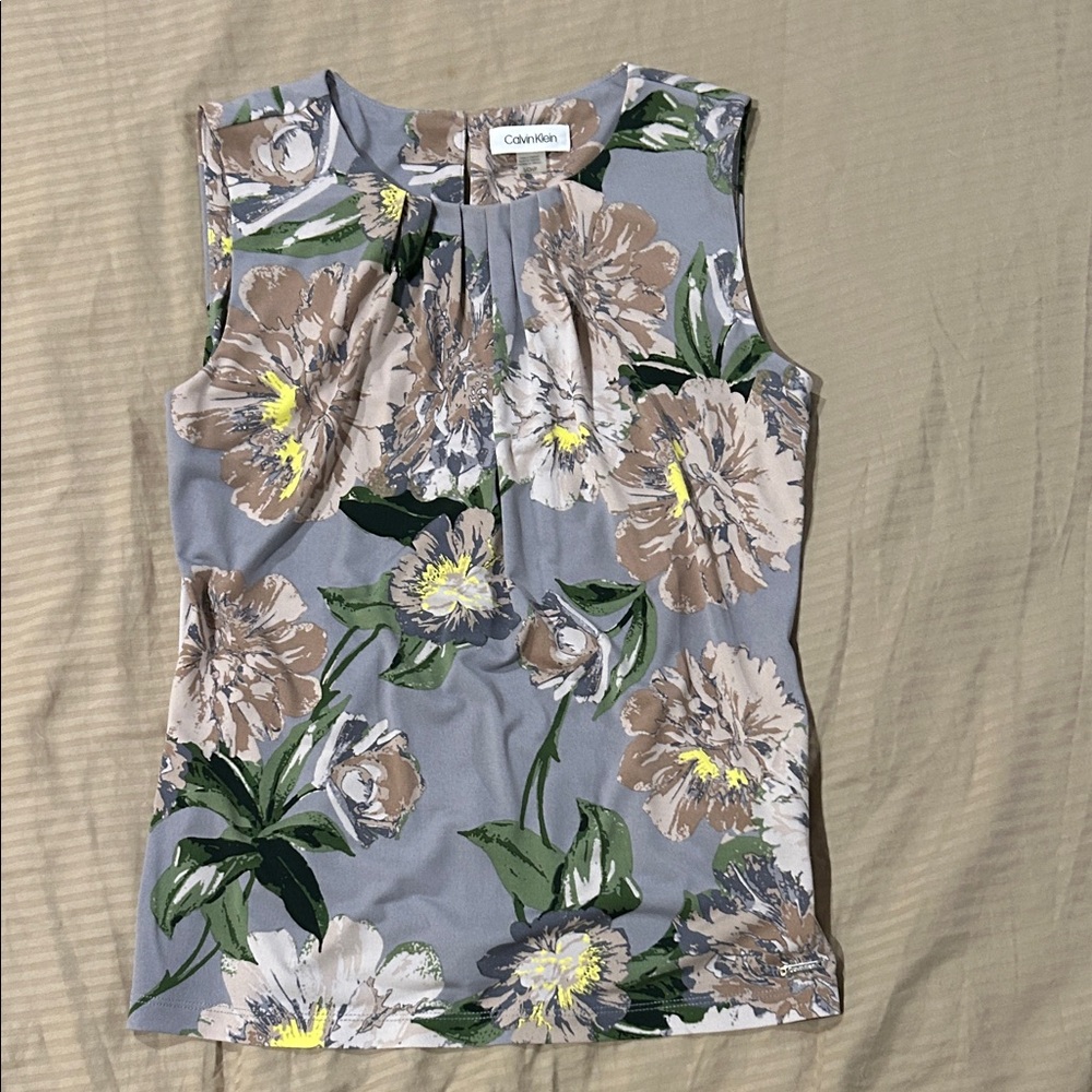 Calvin Klein Floral Print Sleeveless Blouse - Gray and Green